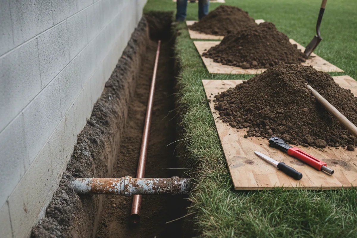 Excavated water line trench during Water Softener Installation in Dalzell
